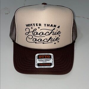 HOTTER THAN A HOOCHIE COOCHIE Cream and Brown Trucker Hat